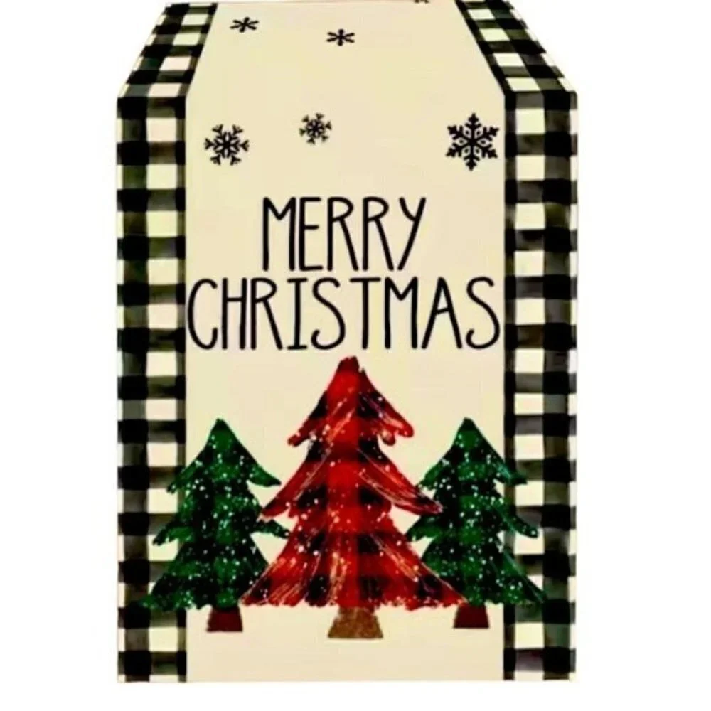 Table Runner Christmas Farmhouse Merry Christmas Buffalo Plaid Check Black White